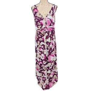 Old Navy Maxi Dress 10 Burgundy Cream Floral Halter Top Full Skirt Faux Wrap